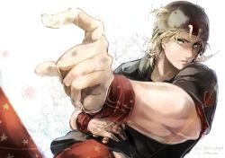 Rule 34 | 1boy, blonde hair, blue eyes, hat, highres, horseshoe, johnny joestar, jojo no kimyou na bouken, male focus, outstretched arm, pointing, solo, star (symbol), star print, steel ball run, tenso, wristband