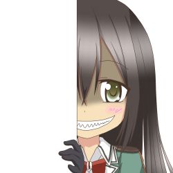 Rule 34 | 10s, 1girl, black gloves, black hair, chikuma (kancolle), gloves, green eyes, grin, kantai collection, long hair, looking at viewer, nagineko, peeking out, school uniform, shaded face, smile, smirk, solo, transparent background