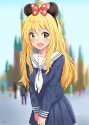 Rule 34 | 1girl, :d, ahoge, animal ears, blonde hair, blue shirt, blue skirt, blurry, blurry background, blush, collarbone, commentary request, day, disney world, fake animal ears, green eyes, hair between eyes, hoshii miki, idolmaster, idolmaster (classic), idolmaster cinderella girls, koukoku, long hair, long sleeves, mickey mouse ears, mouse ears, open mouth, shirt, skirt, smile, solo focus