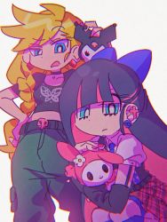 Rule 34 | 4girls, blue eyes, flower, kuromi, looking at viewer, multicolored hair, multiple girls, my melody, pants, panty &amp; stocking with garterbelt, panty (psg), sanrio, stocking (psg), tagme, white background