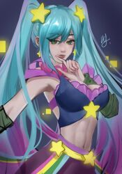Rule 34 | 1girl, arcade sona, armpits, belt, blue hair, breasts, cleavage, detached sleeves, green hair, hair between eyes, hair ornament, hand up, highres, large breasts, league of legends, long hair, navel, signature, smile, solo, sona (league of legends), star (symbol), star hair ornament, stomach, twintails, upper body, wu wai ma qi duo