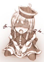 Rule 34 | 1girl, blindfold, blush, crescent, female focus, hat, kazetto, long sleeves, lunasa prismriver, monochrome, open mouth, short hair, sitting, sketch, skirt, solo, sweatdrop, thighhighs, touhou, v arms