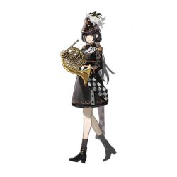 Rule 34 | 1girl, black dress, black footwear, black hair, black socks, boots, breasts, dress, epaulettes, french horn, full body, funengliang jieheti, girls&#039; frontline, hat, hat feather, heterochromia, high heel boots, high heels, highres, holding, holding instrument, instrument, long hair, long sleeves, looking at viewer, low twintails, marching band, medium breasts, multicolored hair, official alternate costume, official art, open mouth, red eyes, ro635 (girls&#039; frontline), ro635 (molten moon in the water) (girls&#039; frontline), shako cap, simple background, smile, socks, solo, standing, streaked hair, transparent background, twintails, white hair, yellow eyes