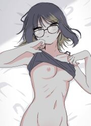 Rule 34 | 1girl, bed sheet, bespectacled, black hair, black tank top, blonde hair, blush, breasts, clothes lift, collarbone, gel p, glasses, groin, highres, idolmaster, idolmaster shiny colors, ikaruga luca, lifting own clothes, looking at viewer, lying, multicolored hair, navel, nipples, on back, one breast out, out-of-frame censoring, ribs, shirt lift, small breasts, solo, streaked hair, tank top, upper body