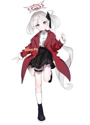 Rule 34 | 1girl, beko (beco 1122), black footwear, black skirt, blue archive, blush, closed mouth, coat, collared shirt, full body, grey hair, halo, highres, long hair, mutsuki (blue archive), open clothes, open coat, pleated skirt, pointy ears, purple eyes, red coat, red halo, shirt, shoes, side ponytail, simple background, skirt, smile, socks, solo, thigh strap, twitter username, white background, white shirt, white socks