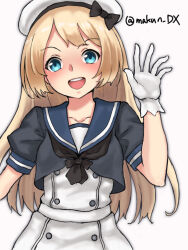 Rule 34 | 1girl, black jacket, black neckerchief, blonde hair, blue eyes, blue sailor collar, cowboy shot, dress, gloves, hat, highres, jacket, jervis (kancolle), kantai collection, long hair, looking at viewer, maakun (makun dx), neckerchief, one-hour drawing challenge, open mouth, round teeth, sailor collar, sailor dress, sailor hat, short sleeves, simple background, solo, teeth, twitter username, upper teeth only, white background, white dress, white gloves, white hat