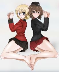Rule 34 | 2girls, bare legs, barefoot, black skirt, blonde hair, blue eyes, blush, braid, breasts, brown eyes, brown hair, closed mouth, darjeeling (girls und panzer), feet, feet together, feet touching, footsies, french braid, girls und panzer, hair between eyes, hat, highres, jacket, kuromorimine military uniform, leenvidia, looking at another, looking over shoulder, lying, medium breasts, military, military jacket, military uniform, multiple girls, nishizumi maho, on side, open mouth, own hands together, red skirt, shiny skin, short hair, simple background, skirt, st. gloriana&#039;s military uniform, thighs, uniform, yuri