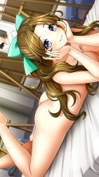 Rule 34 | 1girl, ass, barefoot, blue eyes, bow, breasts, brown hair, cleavage, closed mouth, completely nude, doukyuusei another world, game cg, green bow, hair bow, hair intakes, head rest, indoors, kakyuusei 2, leg up, long hair, lying, medium breasts, modeling, nude, nude modeling, official art, on stomach, shirai yuuri, smile, solo focus, the pose, very long hair