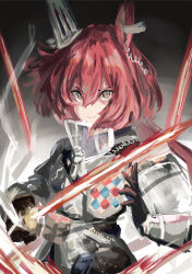 Rule 34 | 1girl, absurdres, animal ears, arknights, black gloves, closed mouth, commentary, flametail (arknights), gambeson, gloves, hair between eyes, highres, holding, holding weapon, kakuriyo rei, long bangs, looking at viewer, red hair, short hair, solo, upper body, weapon