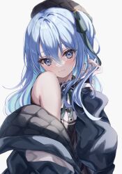 Rule 34 | 1girl, :3, absurdres, adjusting hair, bare shoulders, beret, blue eyes, blue hair, blue jacket, green ribbon, grey hat, hair between eyes, has bad revision, has cropped revision, hat, highres, hololive, hoshimachi suisei, hoshimachi suisei (streetwear), jacket, long hair, looking at viewer, neck ribbon, one side up, padded jacket, ribbon, sa-ya2, shirt, simple background, sleeveless, sleeveless shirt, smile, solo, star (symbol), star in eye, symbol in eye, upper body, virtual youtuber, white background