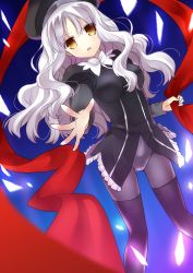Rule 34 | 1girl, black pantyhose, blue background, caren hortensia, dutch angle, fate/hollow ataraxia, fate (series), frills, gradient background, hand up, hat, holding, kurot, layered sleeves, long hair, open mouth, outstretched hand, pantyhose, puffy sleeves, reaching, red scarf, scarf, silver hair, simple background, solo, thighhighs, wavy hair, yellow eyes