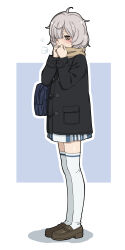 Rule 34 | 1girl, ahoge, black jacket, blue background, blue skirt, blunt bangs, blush, border, brown footwear, chuo academy school uniform, full body, grey hair, hand on own face, hands up, highres, jacket, jewelry, legs together, loafers, long sleeves, magia record: mahou shoujo madoka magica gaiden, mahou shoujo madoka magica, miniskirt, miwa mitsune, orange eyes, outline, pleated skirt, pocket, ring, scarf, school uniform, shoes, short hair, skirt, solo, standing, steam, striped clothes, striped skirt, swept bangs, thighhighs, toggles, vertical-striped clothes, vertical-striped skirt, white border, white outline, white thighhighs, yellow scarf, you2