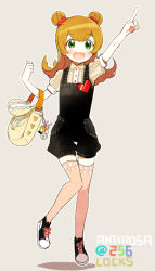 Rule 34 | 1girl, :3, bag, brown hair, double bun, fang, green eyes, hair bun, handbag, heart, charm (object), kl (dgzonbi), long hair, open mouth, overalls, pointing, shoes, smile, sneakers, solo, standing, standing on one leg, thighhighs