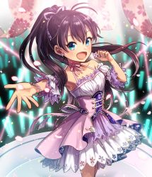 Rule 34 | 1girl, :d, black hair, blue eyes, bracelet, choker, corset, detached sleeves, dress, earrings, fang, floating hair, flower, ganaha hibiki, hair between eyes, hair ribbon, halterneck, highres, holding, holding flower, idol, idolmaster, idolmaster (classic), jewelry, layered dress, long hair, looking at viewer, open mouth, outstretched arm, petals, pink ribbon, pleated dress, ponytail, ribbon, ribbon choker, short dress, short sleeves, shuu (syuuuuuuuuuu), sleeveless, sleeveless dress, smile, solo, stage, standing, very long hair, white dress