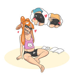 Rule 34 | 1girl, arm support, ass, barefoot, bike shorts, blush, book, breasts, bulge, cameltoe, cleavage, closed eyes, crotch, dog, drooling, feet, female focus, female pervert, groin, heart, imagining, inkling, inkling girl, inkling player character, john doe (jdart), long hair, midriff, navel, nintendo, open book, open mouth, pervert, pointy ears, simple background, sitting, small breasts, smile, soles, solo, splatoon (series), splatoon 1, tank top, tentacle hair, thought bubble, toes, tongue