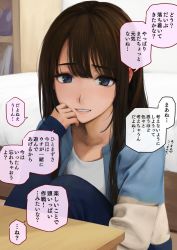 Rule 34 | 1girl, blue eyes, blue jacket, brown hair, commentary, eyelashes, head rest, indoors, jacket, knees to chest, lips, long hair, long sleeves, looking at viewer, open clothes, open jacket, original, parted lips, potato iida, pov, shirt, sidelocks, sitting, sleeves past wrists, speech bubble, straight hair, striped clothes, striped jacket, table, translated, white shirt
