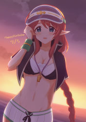 Rule 34 | breasts, elf, highres, katsuragi (katukone), large breasts, looking at viewer, misato (princess connect!), pointy ears, princess connect!, sunset, swimsuit