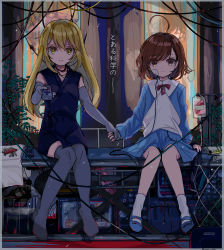 Rule 34 | 2girls, aged down, ahoge, blonde hair, blue footwear, blue shirt, blue skirt, bow, bowtie, brain, breasts, brown eyes, brown hair, cable, cardiogram, child, commentary, controller, elbow gloves, electrodes, expressionless, gloves, grey gloves, grey thighhighs, hair between eyes, highres, holding, holding hands, holding remote control, hospital gown, intravenous drip, iv stand, knees together feet apart, long hair, mary janes, misaka mikoto, multiple girls, no shoes, plant, raised eyebrows, red bow, red bowtie, remote control, shirt, shoes, shokuhou misaki, short hair, side-by-side, sitting, skirt, sleeveless, small breasts, socks, sparkling eyes, stretcher, swept bangs, swiss army knife, television, thighhighs, toaru kagaku no railgun, toaru majutsu no index, translated, undershirt, vat, white shirt, yellow eyes, yunmi 0527