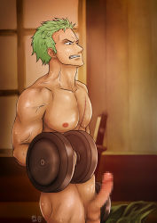 Rule 34 | 1boy, censored, chestnut960, erection, green hair, male focus, muscular, nude, one piece, penis, roronoa zoro, scar, solo, testicles, weights