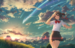 Rule 34 | 10s, 1girl, ahoge, black hair, blush, bow, bowtie, cloud, cloudy sky, collared shirt, comet, cowboy shot, grass, kimi no na wa., looking up, miyamizu mitsuha, outdoors, parted lips, pleated skirt, ponytail, red bow, red bowtie, red eyes, scenery, school uniform, shirt, shooting star, short sleeves, sidelocks, skirt, sky, smile, solo, string, string of fate, tareme, thighs, twilight, white shirt, yoshimoto (dear life)