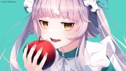 Rule 34 | 1girl, apple, blunt bangs, brown eyes, commentary request, food, fruit, grey hair, highres, holding, holding food, holding fruit, hololive, kounaien (comic1217), long hair, looking at viewer, murasaki shion, official alternate costume, official art, open mouth, sharp teeth, solo, teeth, twintails, upper body, virtual youtuber, wing hair ornament, yellow eyes