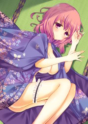 Rule 34 | 1girl, ass, bekotarou, blush, breasts, cleavage, highres, japanese clothes, kimono, large breasts, bridal garter, looking at viewer, lying, on side, open clothes, open kimono, pink eyes, pink hair, saigyouji yuyuko, short hair, solo, touhou