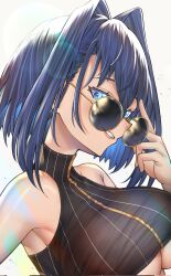 Rule 34 | 1girl, adjusting eyewear, bare shoulders, blue eyes, blue hair, breasts, cleavage, crop top, highres, hololive, hololive english, honkivampy, large breasts, lips, looking at viewer, ouro kronii, pinstripe pattern, short hair, smile, solo, striped, sunglasses, teeth, underboob, virtual youtuber, white background