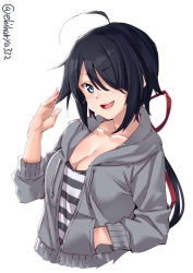 Rule 34 | 1girl, :d, ahoge, alternate costume, black hair, blue eyes, blush, breasts, cleavage, collarbone, cropped torso, ebifurya, female focus, grey jacket, hair over one eye, highres, hood, hooded jacket, jacket, kako (kancolle), kantai collection, long hair, long sleeves, open mouth, parted bangs, ponytail, shirt, simple background, smile, solo, striped clothes, striped shirt, twitter username, upper body, white background