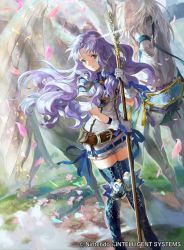Rule 34 | 1girl, armor, armored boots, belt, boots, breastplate, company connection, copyright name, fire emblem, fire emblem: the blazing blade, fire emblem cipher, florina (fire emblem), gloves, green eyes, holding, holding weapon, light purple hair, long hair, looking at viewer, mayo (becky2006), nintendo, pegasus, pegasus knight uniform (fire emblem), petals, polearm, spear, thigh boots, thighhighs, weapon, wings, zettai ryouiki