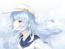 Rule 34 | 1girl, black sailor collar, blue eyes, commentary request, flat cap, genjaku, hammer and sickle, hat, hibiki (kancolle), kantai collection, long hair, looking to the side, sailor collar, school uniform, serafuku, silver hair, solo, upper body, verniy (kancolle), white background, white hat