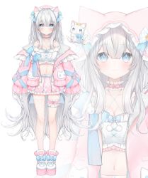 Rule 34 | 1girl, :3, animal ear fluff, animal ears, bare shoulders, blue bow, blue eyes, blue ribbon, bow, breasts, cat, cat ears, chucolala, cleavage, closed mouth, collar, collarbone, commentary, crossed bangs, facing viewer, frilled collar, frilled straps, frills, full body, grey hair, hair between eyes, hair ornament, highres, jacket, long hair, long sleeves, medium breasts, midriff, miniskirt, navel, off shoulder, open clothes, open jacket, pink sleeves, platform footwear, puffy sleeves, ribbon, rucaco, shirayuki aria, simple background, single fishnet legwear, skirt, sleeves past wrists, smile, solo, thigh strap, very long hair, virtual youtuber, white background