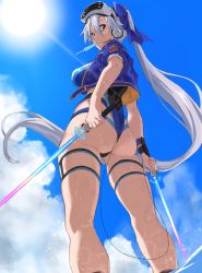 Rule 34 | 1girl, absurdres, ass, blue bow, blue jacket, bow, breasts, competition swimsuit, dual wielding, energy sword, eyewear on head, fate/grand order, fate (series), feet out of frame, flat ass, food, food in mouth, hair between eyes, hair bow, head-mounted display, headset, highleg, highleg swimsuit, highres, holding, holding sword, holding weapon, jacket, kneepits, large breasts, legs, logo, long hair, looking at viewer, microphone, one-piece swimsuit, outdoors, ponytail, popsicle, pretty-purin720, red eyes, short sleeves, sideboob, silver hair, skindentation, sun, sunlight, swimsuit, sword, thigh strap, thighs, thong, tomoe gozen (fate), tomoe gozen (swimsuit saber) (fate), tomoe gozen (swimsuit saber) (first ascension) (fate), twisted torso, two-tone swimsuit, weapon, wristband