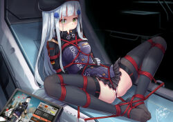 Rule 34 | 1girl, bdsm, bondage, bound, crotch rope, girls&#039; frontline, green eyes, grey hair, highres, hk416 (girls&#039; frontline), long hair, no shoes, restrained, shibari, sitting, soles, solo, spread legs, tied up (nonsexual), toes, yiduan zhu