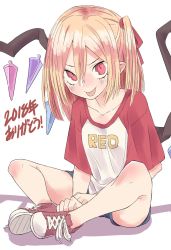 Rule 34 | 1girl, 2018, alternate costume, banana takemura, bare legs, blonde hair, blue shorts, casual, collarbone, contemporary, crystal, flandre scarlet, full body, hair between eyes, hair ribbon, highres, knees up, long hair, looking at viewer, pointy ears, red eyes, red footwear, red ribbon, red shirt, ribbon, shirt, shoes, short shorts, shorts, simple background, sitting, slit pupils, smile, solo, t-shirt, tongue, tongue out, touhou, white background, white shirt, wings
