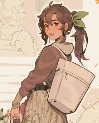 Rule 34 | 1girl, aleikats, bag, belt, bow, brown hair, brown jacket, commentary, earrings, facing away, floral print, flower, green eyes, hair bow, hair ornament, highres, holding, holding bag, jacket, jewelry, long sleeves, looking at viewer, medium hair, multiple views, original, parted lips, ponytail, ring, shoulder bag, sidelocks, single earring, skirt, symbol-only commentary