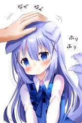 Rule 34 | 1girl, animal ears, blue bow, blue eyes, blue hair, blue vest, blush, bow, chocolat (momoiro piano), closed mouth, collared shirt, commentary request, dog ears, dog girl, dog tail, gochuumon wa usagi desu ka?, hair between eyes, hair ornament, headpat, kafuu chino, kemonomimi mode, long hair, out of frame, rabbit house uniform, shirt, simple background, smile, solo focus, tail, tail wagging, translation request, uniform, upper body, very long hair, vest, waitress, white background, white shirt, x hair ornament