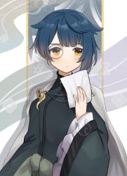 Rule 34 | 1boy, absurdres, blue hair, blush, commentary request, frilled sleeves, frills, genshin impact, gorila chan, highres, holding, holding paper, long sleeves, male focus, monocle, orange eyes, paper, parted lips, simple background, solo, upper body, wide sleeves, xingqiu (aoi no okina) (genshin impact), xingqiu (genshin impact)