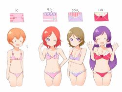 Rule 34 | . ., 10s, 4girls, :d, ^ ^, arm under breasts, arms at sides, blush, bra, breast hold, breasts, brown hair, bust chart, claw pose, cleavage, closed eyes, commentary request, cropped legs, envelope, closed eyes, hand on own hip, hand up, heart, hoshizora rin, koizumi hanayo, large breasts, long hair, looking at viewer, love live!, love live! school idol project, medium breasts, multiple girls, navel, nishikino maki, one eye closed, open mouth, orange hair, panties, pimi (ringsea21), pink bra, pink panties, purple bra, purple eyes, purple hair, purple panties, red hair, short hair, simple background, small breasts, smile, standing, tearing up, thigh gap, tojo nozomi, underwear, underwear only, white background
