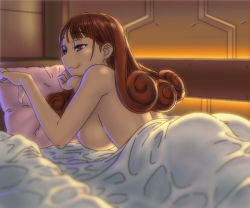 Rule 34 | 10s, 1girl, :3, aoki hagane no arpeggio, bad id, bad pixiv id, bed, bed sheet, blanket, breasts, brown hair, green eyes, hyuuga (aoki hagane no arpeggio), indoors, large breasts, lying, monocle, naked sheet, on bed, on stomach, pillow, sideboob, solo, under covers, yuuya (yu-ya&#039;s)