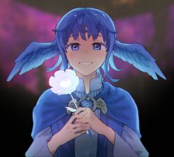 Rule 34 | 1girl, blue cape, blue eyes, blush, cape, crying, crying with eyes open, final fantasy, final fantasy xiv, flower, gg dal, head wings, holding, holding flower, looking at viewer, meteion, sad smile, smile, solo, tears, upper body, wings