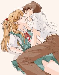 Rule 34 | 1boy, 1girl, amelie, couple, eye contact, hand on another&#039;s cheek, hand on another&#039;s face, hetero, ikari shinji, imminent kiss, long hair, looking at another, lying, neon genesis evangelion, red hair, school uniform, souryuu asuka langley