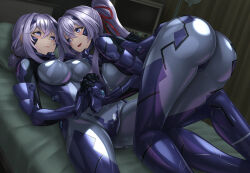 Rule 34 | 2girls, armored bodysuit, ass, bed, blue bodysuit, blue eyes, blush, bodysuit, breasts, character request, commentary request, covered nipples, fortified suit, headgear, highres, holding hands, hospital bed, impossible bodysuit, impossible clothes, interlocked fingers, kurione (zassou), large breasts, long hair, looking at another, lying, mole, mole under mouth, monitor, multiple girls, muv-luv, muv-luv alternative, on back, pillow, ponytail, purple hair, shiny clothes, skin tight, yuri