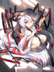 Rule 34 | 1girl, absurdly long hair, animal, bandaged arm, bandaged leg, bandages, bare shoulders, barefoot, bird, blood, blood drip, closed mouth, collarbone, curled horns, full body, grey background, grey hair, hair between eyes, highres, horns, knees up, long hair, looking at viewer, off shoulder, original, red eyes, robe, solo, squatting, very long hair, white robe, yuuji (yukimimi)