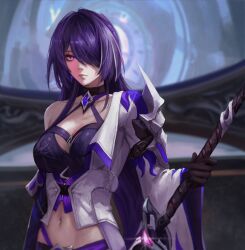Rule 34 | 1girl, absurdres, acheron (honkai: star rail), breasts, cleavage, closed mouth, detached sleeves, hair over one eye, highres, holding, holding sword, holding weapon, honkai: star rail, honkai (series), large breasts, long hair, looking at viewer, luxearte, midriff, navel, purple eyes, purple hair, single bare shoulder, single detached sleeve, solo, sword, very long hair, weapon