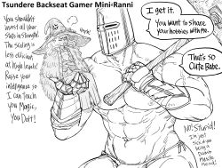 Rule 34 | 1boy, 1girl, abs, absurdres, anger vein, bb (baalbuddy), cloak, commentary, crossed arms, elden ring, english commentary, english text, extra arms, extra faces, fur cloak, gauntlets, greyscale, helmet, highres, huge weapon, in palm, large hat, loincloth, mini person, miniature ranni, minigirl, monochrome, muscular, muscular male, pout, ranni the witch, side-tie loincloth, tarnished (elden ring), topless male, tsundere, war hammer, weapon