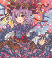 Rule 34 | 1girl, :d, animal ears, beamed sixteenth notes, bow, bowtie, brown hat, brown vest, cowboy shot, dark-skinned female, dark skin, eighth note, fang, feathered wings, frilled skirt, frilled vest, frills, green nails, hat, hat ribbon, juliet sleeves, long sleeves, looking at viewer, marker (medium), medium hair, mob cap, music, musical note, mystia lorelei, nail polish, open mouth, pink hair, puffy sleeves, purple bow, purple bowtie, red eyes, red ribbon, ribbon, rui (sugar3), sample watermark, shirt, singing, skin fang, skirt, smile, solo, touhou, traditional media, vest, watermark, white shirt, winged hat, wings