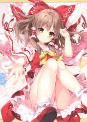 Rule 34 | 1girl, absurdres, ass, bare legs, bare shoulders, blush, bobby socks, bow, breasts, brown hair, collarbone, detached sleeves, diagonal stripes, feet out of frame, frilled bow, frilled shirt collar, frills, grey background, hair between eyes, hair bow, hair tubes, hakurei reimu, hand up, head tilt, highres, knees together feet apart, knees up, long hair, long sleeves, looking at viewer, mary janes, mochizuki shiina, panties, pantyshot, petticoat, pink background, pink panties, reaching, reaching towards viewer, red bow, red footwear, red skirt, scan, shoes, sidelocks, sitting, skirt, skirt set, smile, socks, solo, striped, striped background, thighs, touhou, underwear, white socks, wide sleeves, yellow bow, yellow eyes, yellow neckwear