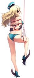Rule 34 | 1girl, absurdres, arms behind back, ass, atago (kancolle), back, bare back, bare legs, bare shoulders, bdsm, bikini, black blindfold, black gloves, blindfold, blonde hair, blue bikini, blue footwear, blue hat, blush, bondage, bound, bound arms, bound legs, breasts, bright pupils, covered eyes, dimples of venus, from behind, full body, gloves, hat, high heels, highres, kaddo, kantai collection, leg up, long hair, looking at viewer, looking back, medium breasts, open mouth, sailor hat, shibari, signature, simple background, skindentation, solo, standing, standing on one leg, sweat, swimsuit, underboob, white background