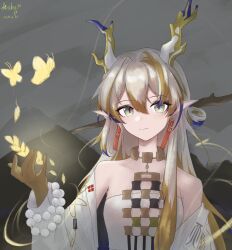Rule 34 | 1girl, absurdres, arknights, arshuw, bare shoulders, beads, blonde hair, bug, butterfly, closed mouth, colored skin, dated, dragon girl, dragon horns, earrings, green eyes, grey background, grey hair, grey horns, hair between eyes, hair intakes, hand up, highres, horns, insect, jacket, jewelry, long sleeves, looking at viewer, magic, multicolored hair, necklace, off shoulder, open clothes, open jacket, pointy ears, purple hair, purple horns, shu (arknights), signature, smile, solo, strapless, streaked hair, trail, tube top, unfinished, upper body, white jacket, white tube top, yellow butterfly, yellow horns