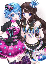 Rule 34 | 2girls, :d, ao (ao0 0nemu), bad id, bad twitter id, black gloves, black skirt, blue eyes, blue hair, bow, brown hair, club (shape), commentary request, cosplay, costume switch, cowboy shot, crop top, diamond (shape), dorothy west, dress, frilled dress, frills, gloves, hair bow, highres, kurosu aroma, long hair, looking at viewer, multiple girls, navel, open mouth, pink dress, pointing, pointing down, pretty series, pripara, puffy short sleeves, puffy sleeves, short hair, short sleeves, skirt, smile, spade (shape), standing, star (symbol), striped bow, striped clothes, striped thighhighs, thighhighs, vertical-striped clothes, vertical-striped thighhighs